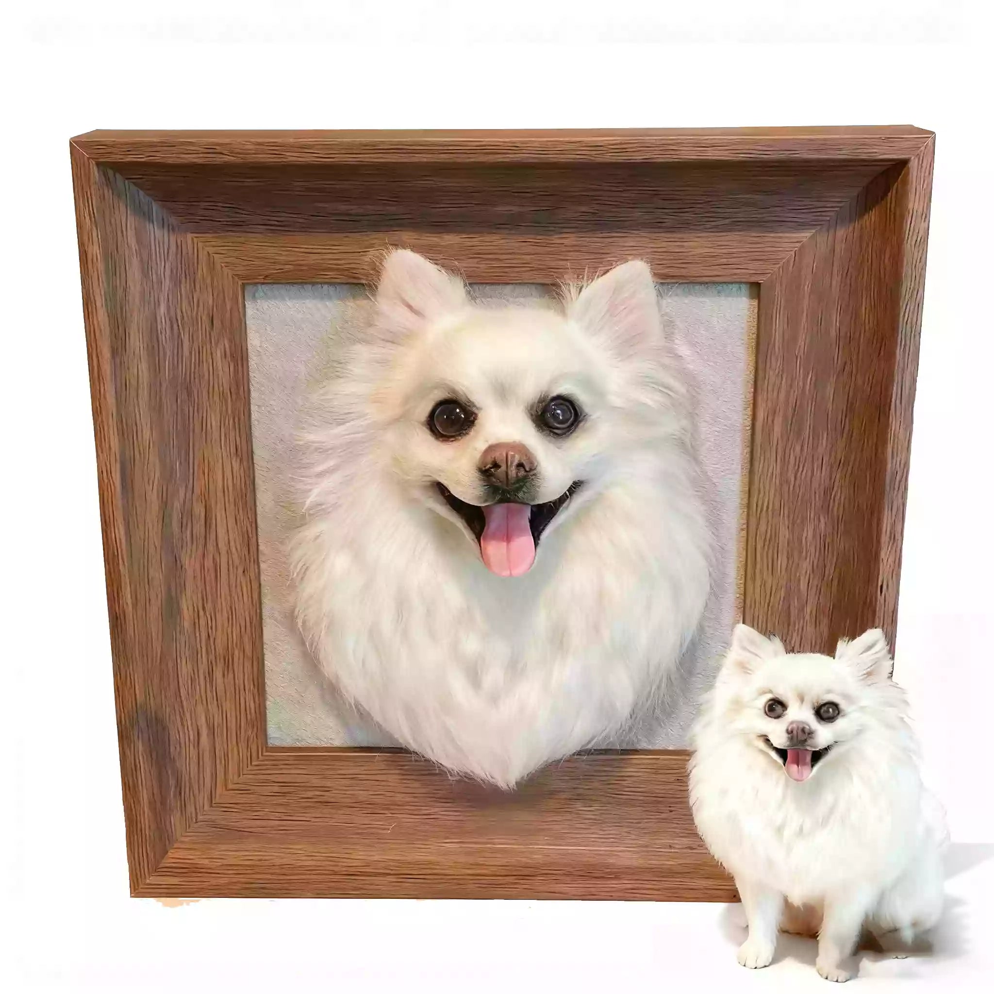 Custom wool felt pet portrait in a wooden frame with matching dog figurine for size reference.
