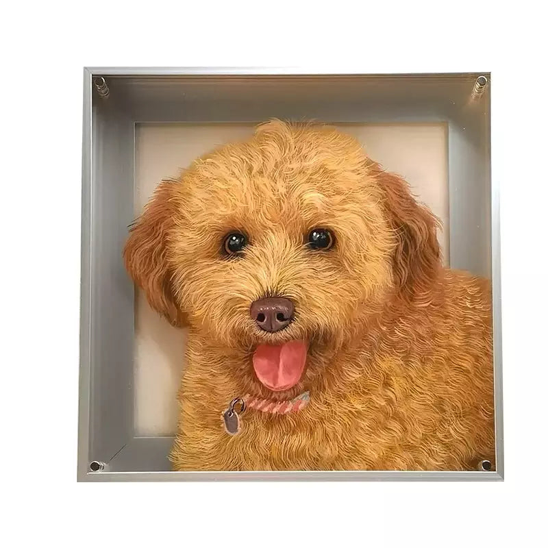 Personalized acrylic poodle portrait artwork in a square shadow box frame.
