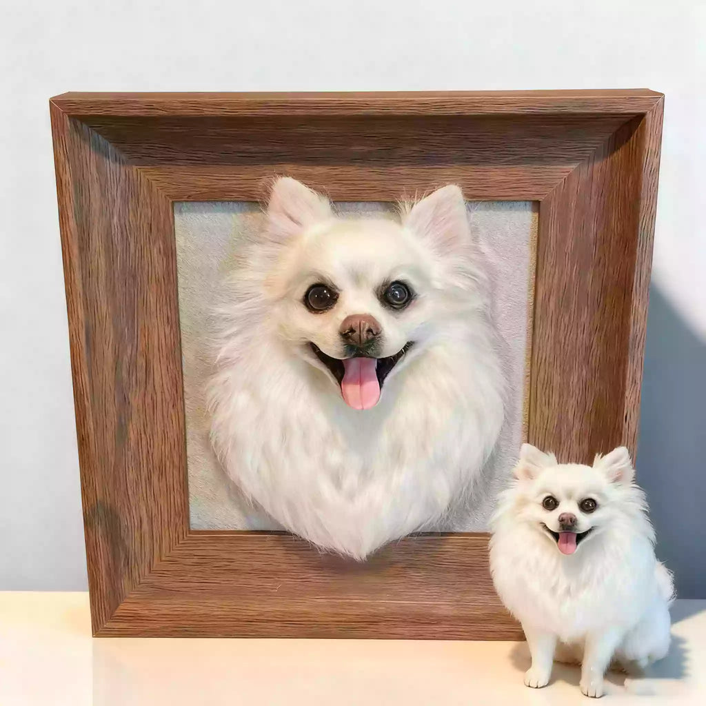 Custom wool felt pet portrait in a wooden frame with matching dog figurine for size reference.
