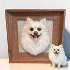 Custom wool felt pet portrait in a wooden frame with matching dog figurine for size reference.
