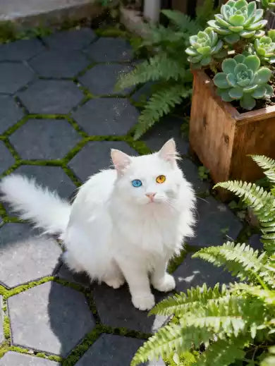 White cat outdoors in a garden—brand inspiration for custom pet portraits and felt pet keepsakes.