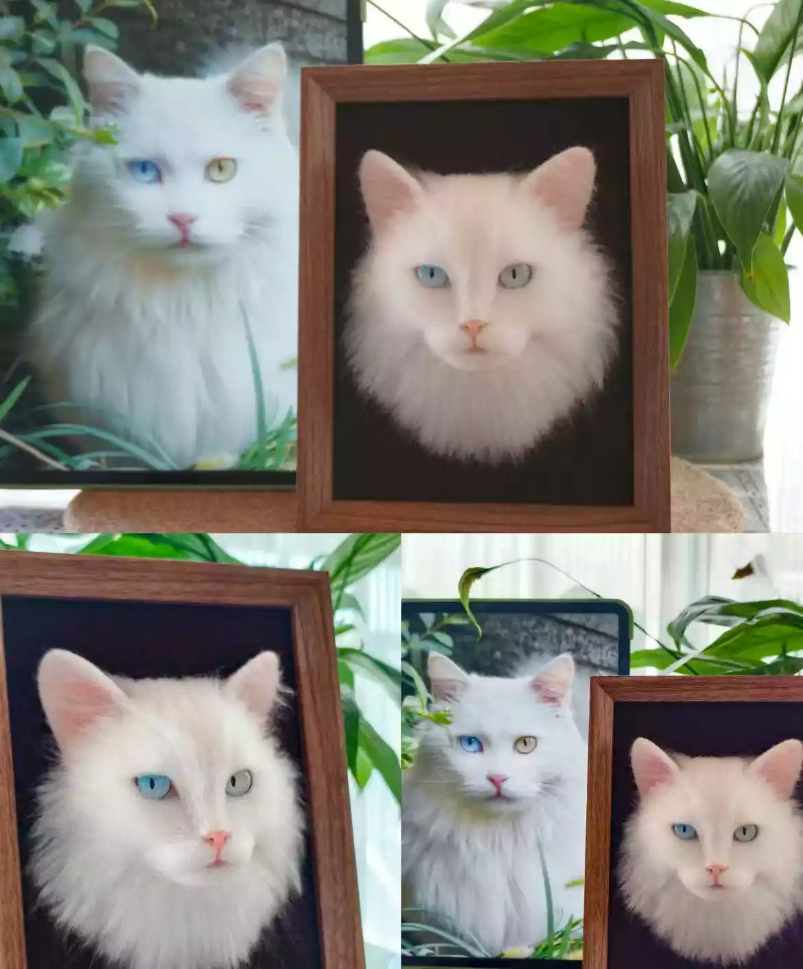 Customer gallery: white cat photos and finished custom felt pet portrait in a frame.