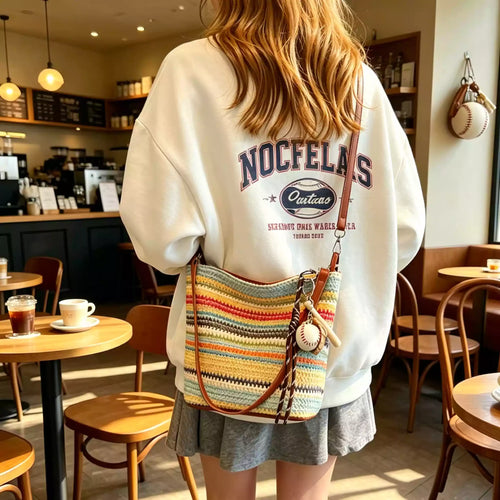 Handmade Woven Crossbody Bag, Colorful Striped Woven Bag, Summer Straw Style Handbag, Shoulder Tote, Bohemian Vacation Bag