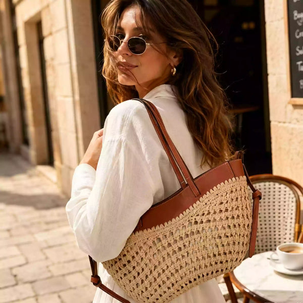 Raffia Woven Tote Bag for Women, French Style Straw Shoulder Purse