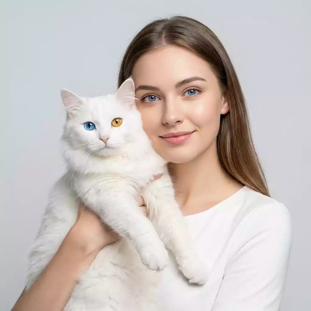 Custom pet portrait story – woman holding a white cat.
