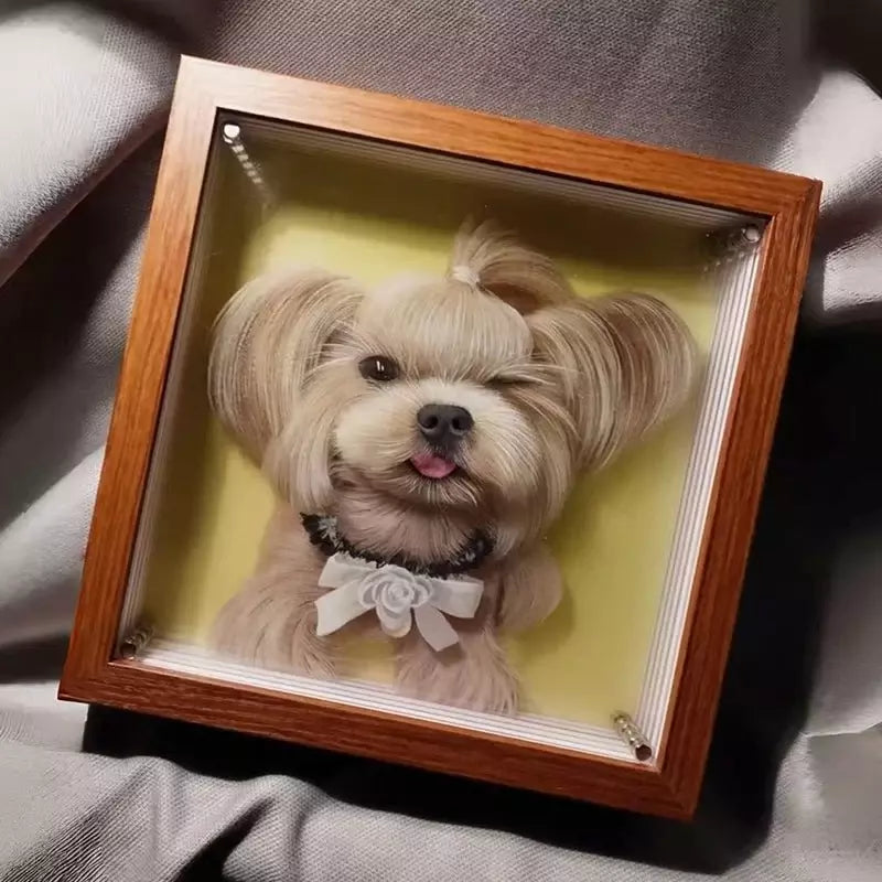 Custom acrylic dog portrait in a wooden shadow box frame, angled view.
