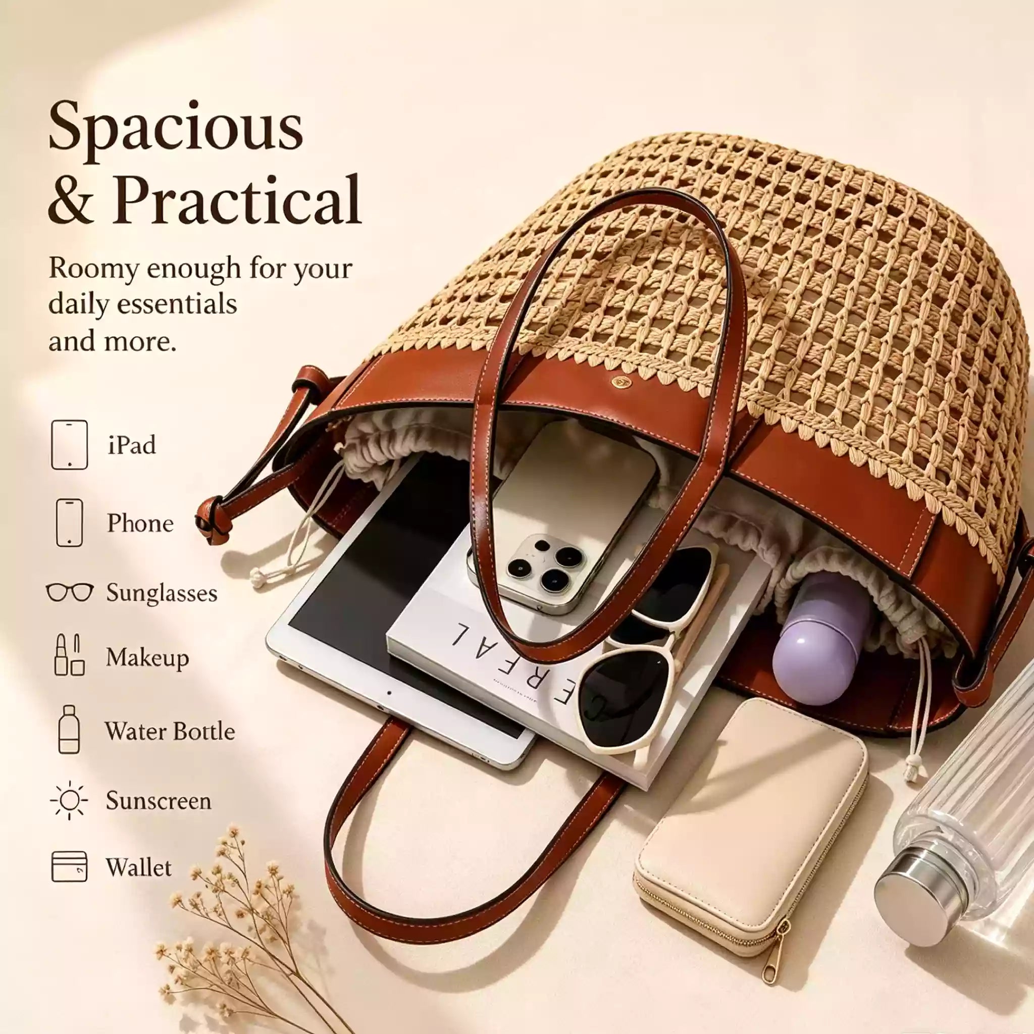 Raffia Woven Tote Bag for Women, French Style Straw Shoulder Purse