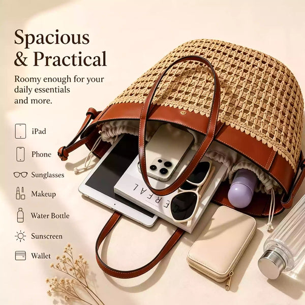 Raffia Woven Tote Bag for Women, French Style Straw Shoulder Purse