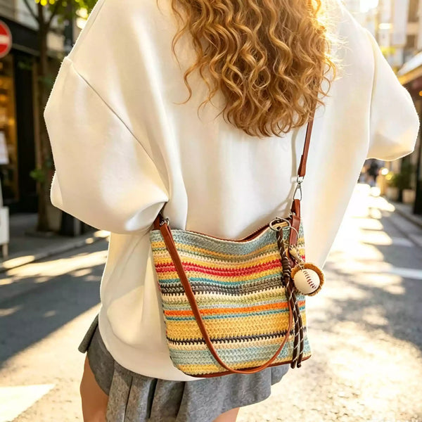 Handmade Woven Crossbody Bag, Colorful Striped Woven Bag, Summer Straw Style Handbag, Shoulder Tote, Bohemian Vacation Bag