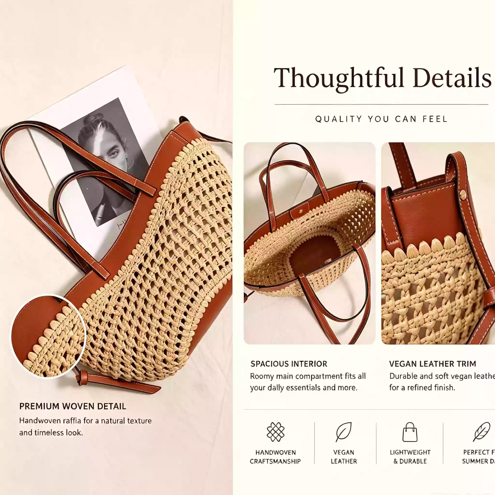 Raffia Woven Tote Bag for Women, French Style Straw Shoulder Purse