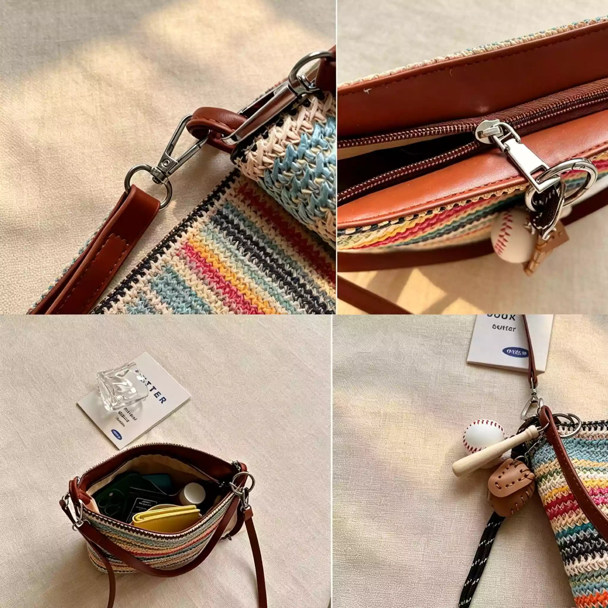 Handmade Woven Crossbody Bag, Colorful Striped Woven Bag, Summer Straw Style Handbag, Shoulder Tote, Bohemian Vacation Bag