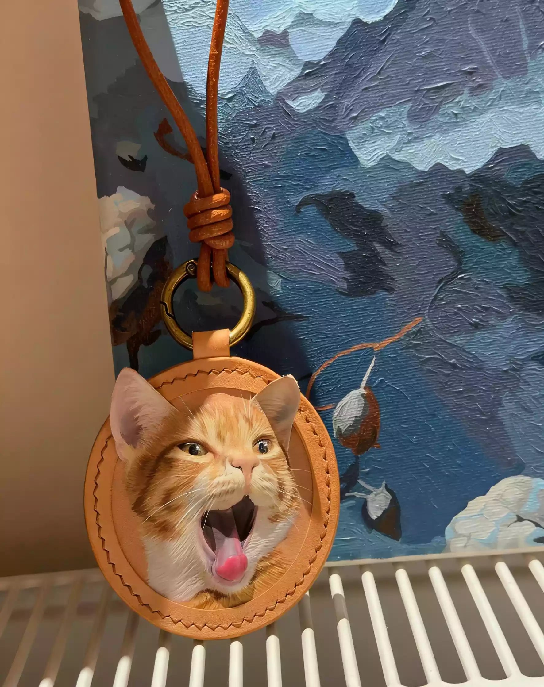 Custom leather pet pendant with an embossed dog portrait on a cord necklace