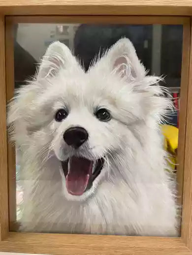 Custom pet portrait on a clear acrylic frame featuring a smiling white dog.