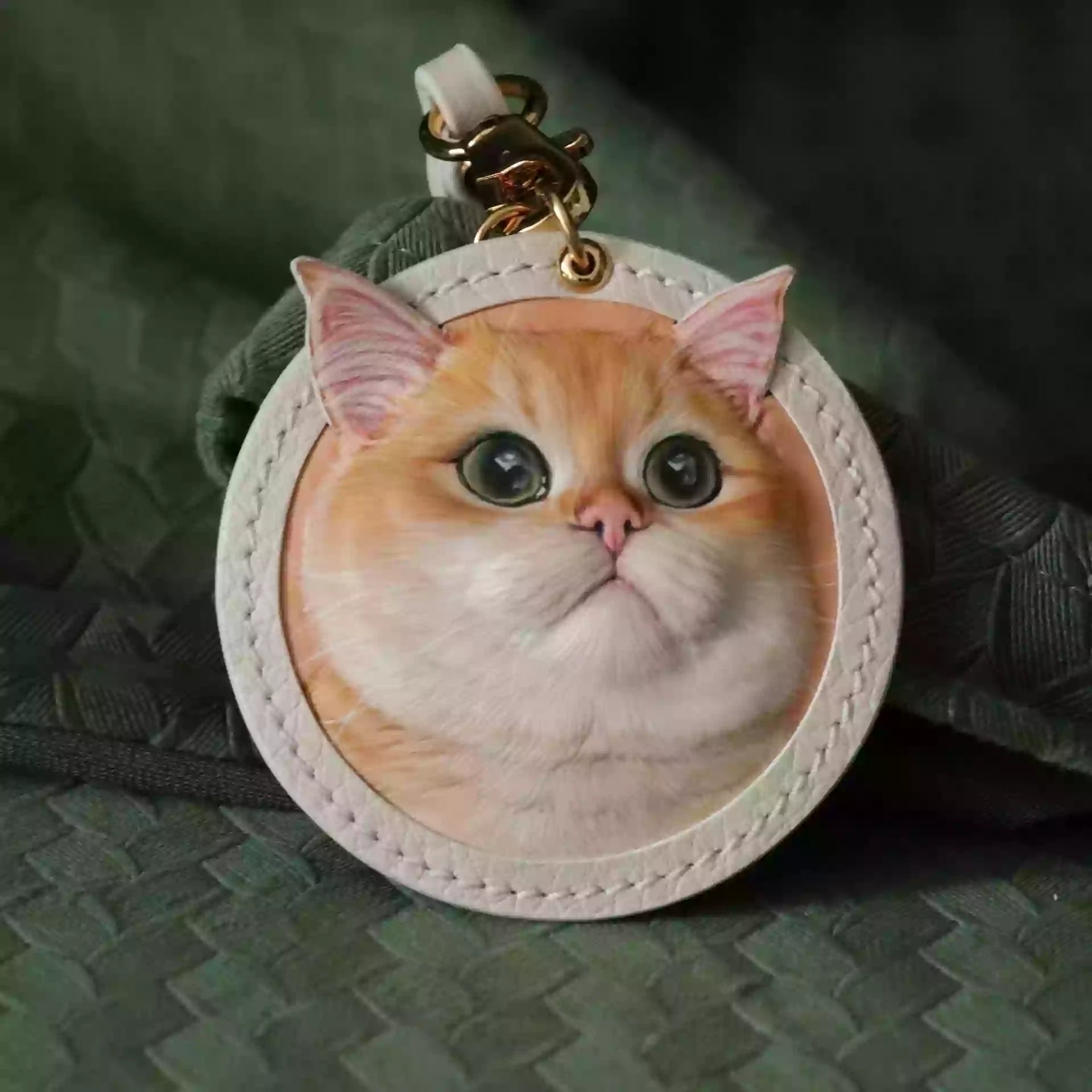 Handmade leather cat portrait keychain with clasp, displayed on textured fabric.
