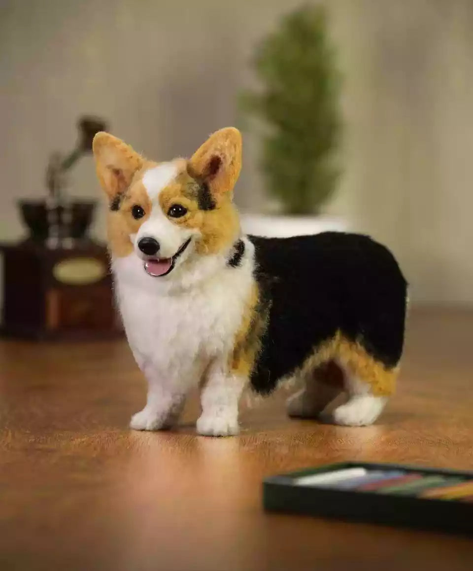 Handmade felt corgi figurine made from a customer photo—custom pet replica.